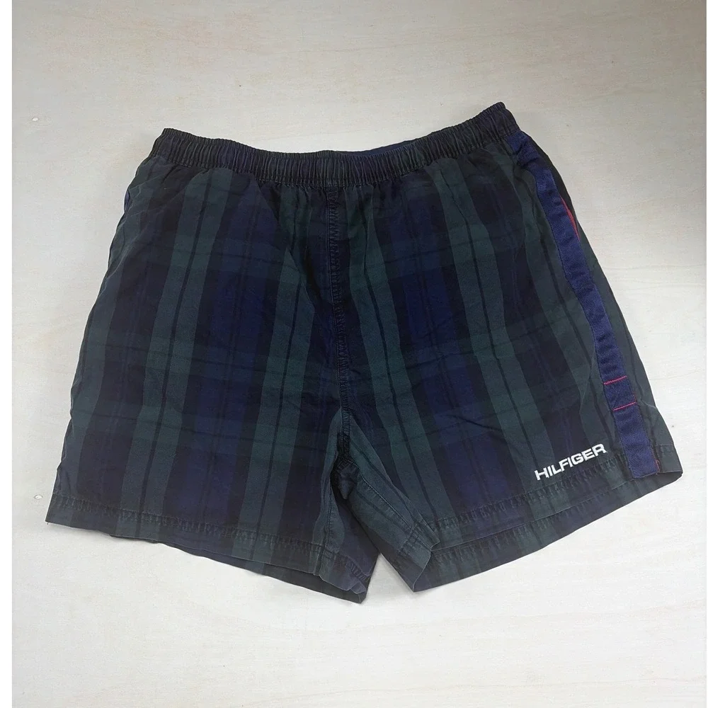 Tommy Hilfiger Mens Plaid Swim Trunks Green Navy Blue L Mesh Lined Board Shorts